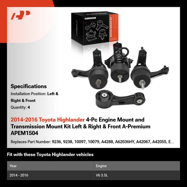 2014-2016 Toyota Highlander 4-Pc Engine Mount and Transmission Mount Kit Left & Right & Front A-Premium APEM1504