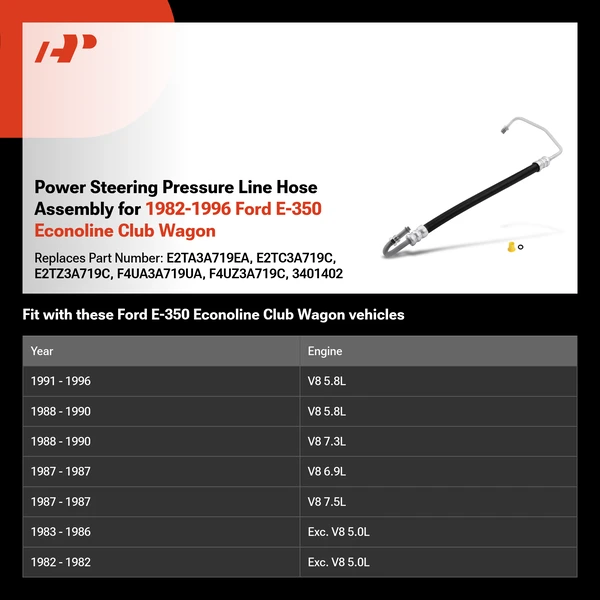 Power Steering Pressure Line Hose Assembly for 1982-1996 Ford E-350 Econoline Club Wagon