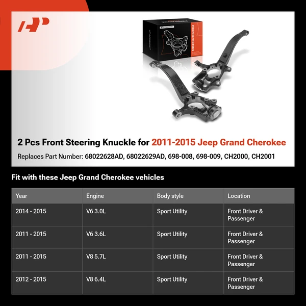 2 Pcs Front Steering Knuckle for 2011-2015 Jeep Grand Cherokee