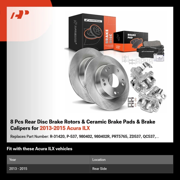 8 Pcs Rear Disc Brake Rotors & Ceramic Brake Pads & Brake Calipers for 2013-2015 Acura ILX
