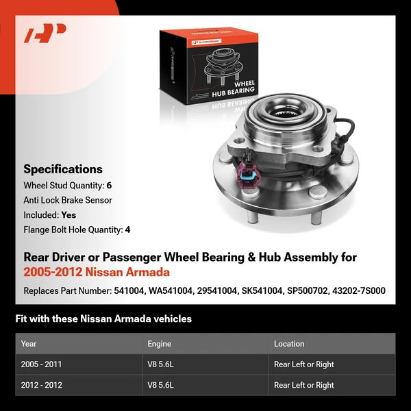 Rear Driver or Passenger Wheel Bearing & Hub Assembly for 2005-2012 Nissan Armada