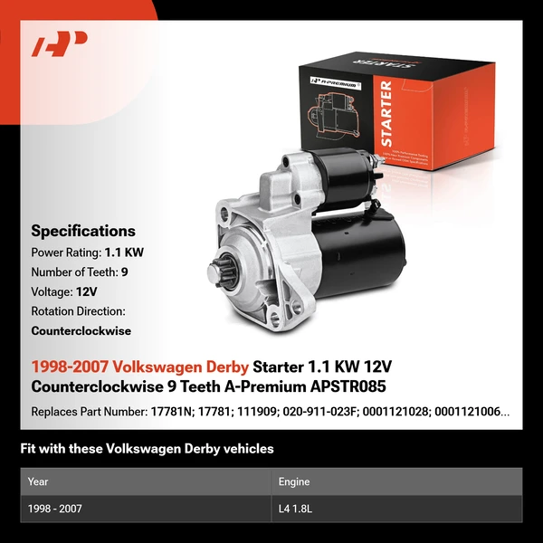 1998-2007 Volkswagen Derby Starter 1.1 KW 12V Counterclockwise 9 Teeth A-Premium APSTR085