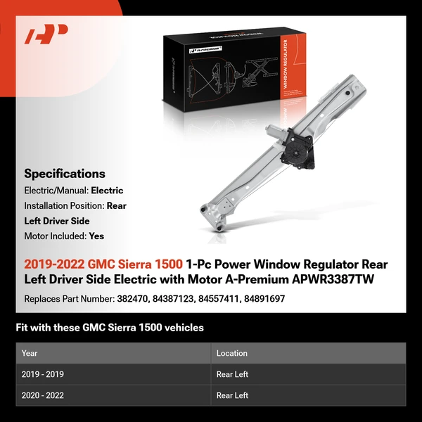 2019-2022 GMC Sierra 1500 1-Pc Power Window Regulator Rear Left Driver Side Electric with Motor A-Premium APWR3387TW
