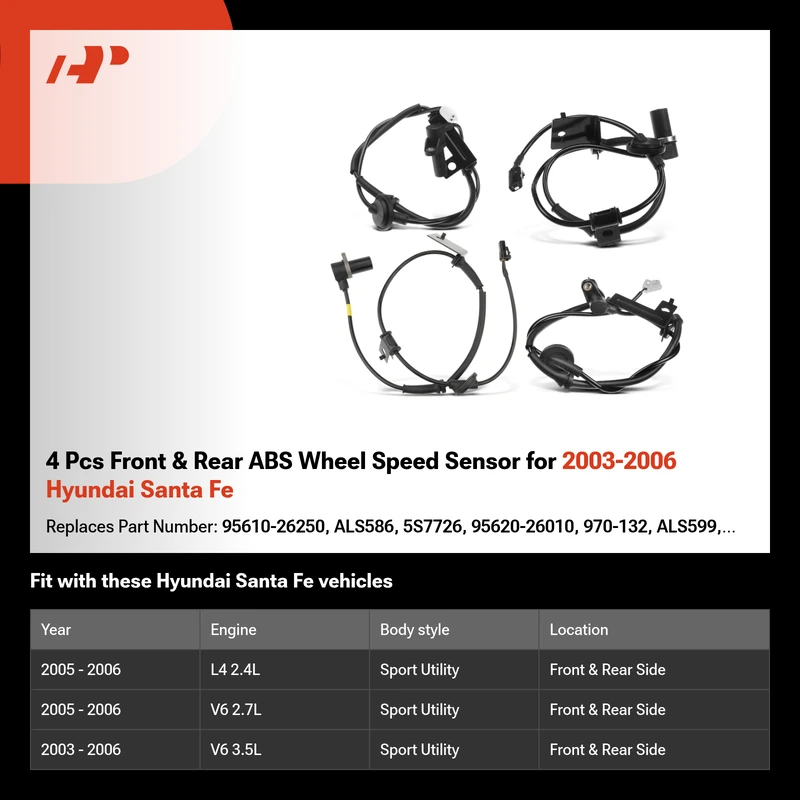 4 Pcs Front & Rear ABS Wheel Speed Sensor for 2003-2006 Hyundai Santa Fe