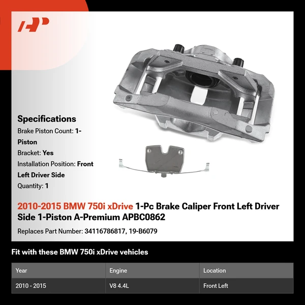 2010-2015 BMW 750i xDrive 1-Pc Brake Caliper Front Left Driver Side 1-Piston A-Premium APBC0862