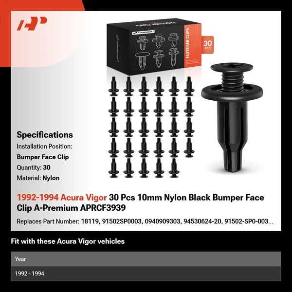 1992-1994 Acura Vigor 30 Pcs 10mm Nylon Black Bumper Face Clip A-Premium APRCF3939