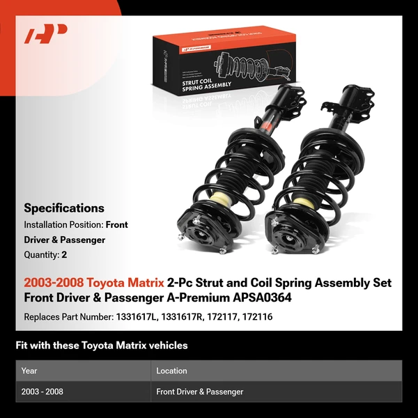 2003-2008 Toyota Matrix 2-Pc Strut and Coil Spring Assembly Set Front Driver & Passenger A-Premium APSA0364