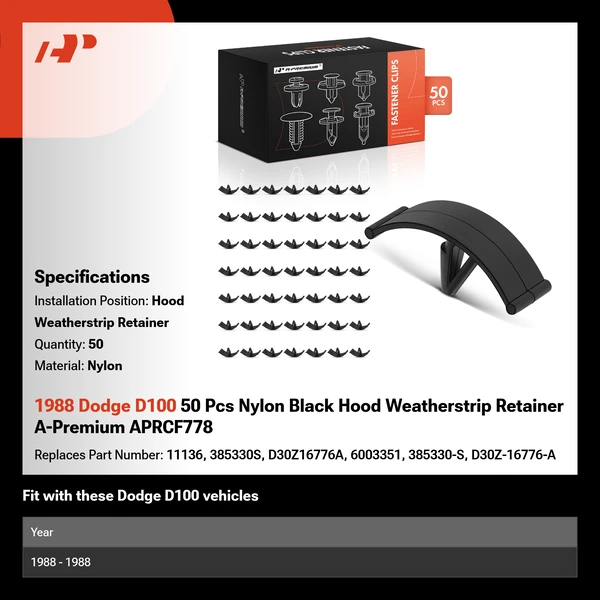 1988 Dodge D100 50 Pcs Nylon Black Hood Weatherstrip Retainer A-Premium APRCF778