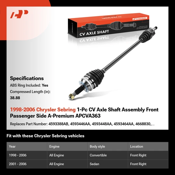 1998-2006 Chrysler Sebring 1-Pc CV Axle Shaft Assembly Front Passenger Side A-Premium APCVA363