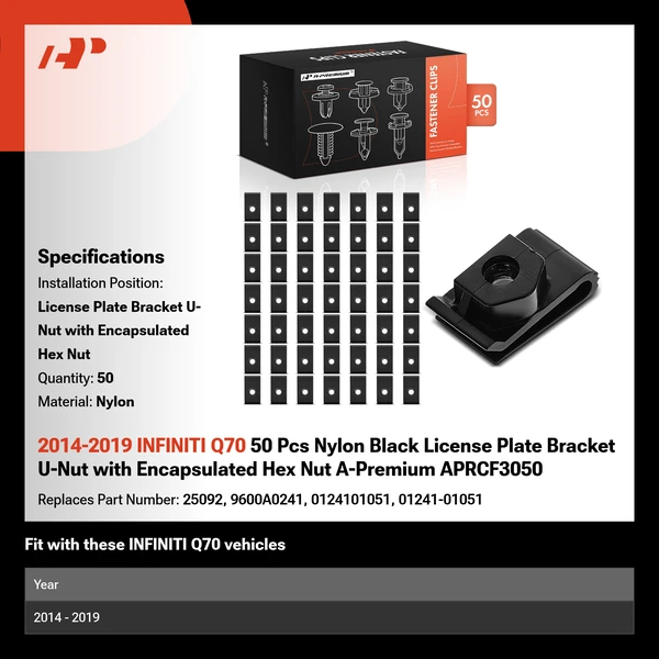 2014-2019 INFINITI Q70 50 Pcs Nylon Black License Plate Bracket U-Nut with Encapsulated Hex Nut A-Premium APRCF3050