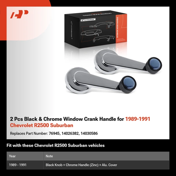 2 Pcs Black & Chrome Window Crank Handle for 1989-1991 Chevrolet R2500 Suburban