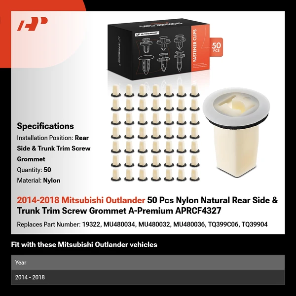 2014-2018 Mitsubishi Outlander 50 Pcs Nylon Natural Rear Side & Trunk Trim Screw Grommet A-Premium APRCF4327