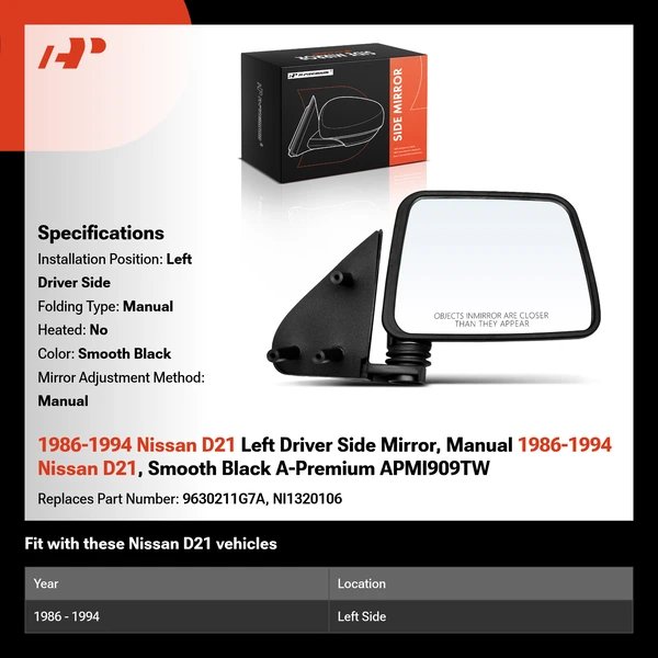 1986-1994 Nissan D21 Left Driver Side Mirror, Manual 1986-1994 Nissan D21, Smooth Black A-Premium APMI909TW