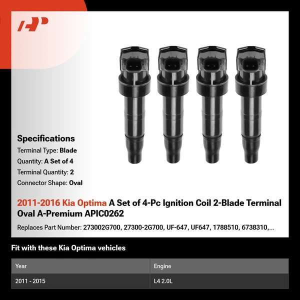 2011-2016 Kia Optima A Set of 4-Pc Ignition Coil 2-Blade Terminal Oval A-Premium APIC0262