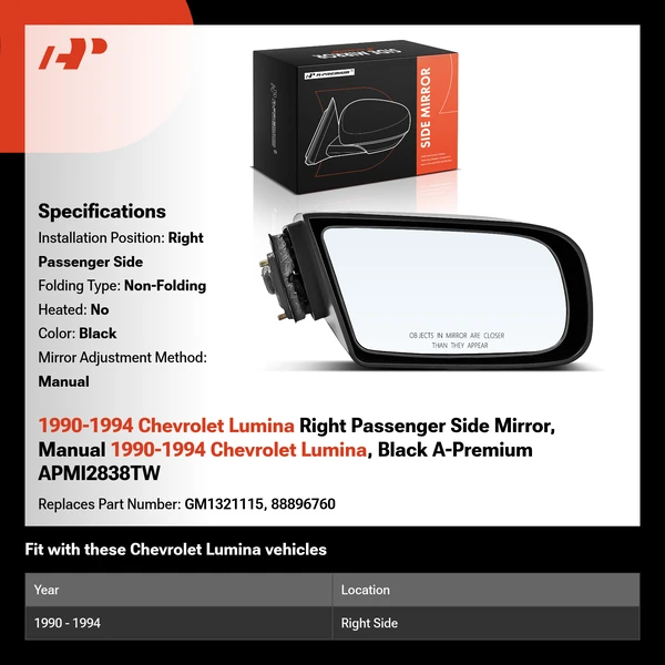 1990-1994 Chevrolet Lumina Right Passenger Side Mirror, Manual 1990-1994 Chevrolet Lumina, Black A-Premium APMI2838TW