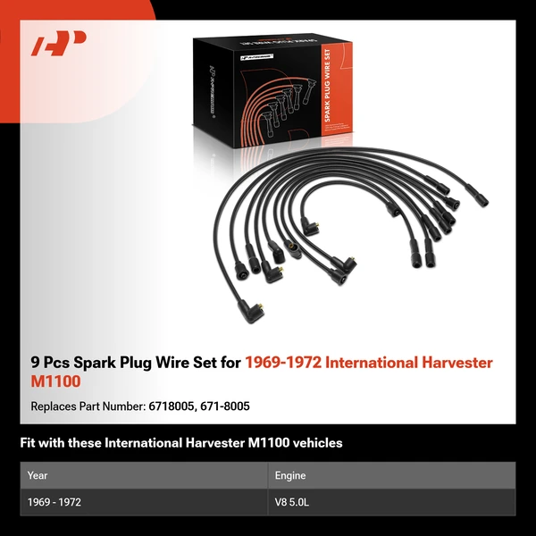9 Pcs Spark Plug Wire Set for 1969-1972 International Harvester M1100