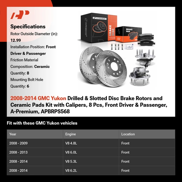 2008-2014 GMC Yukon Drilled & Slotted Disc Brake Rotors and Ceramic Pads Kit with Calipers, 8 Pcs, Front Driver & Passenger, A-Premium, APBRPS568
