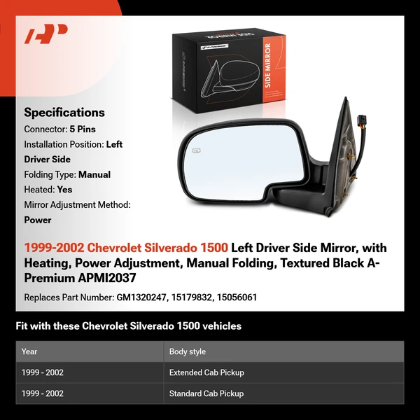 1999-2002 Chevrolet Silverado 1500 Left Driver Side Mirror, with Heating, Power Adjustment, Manual Folding, Textured Black A-Premium APMI2037