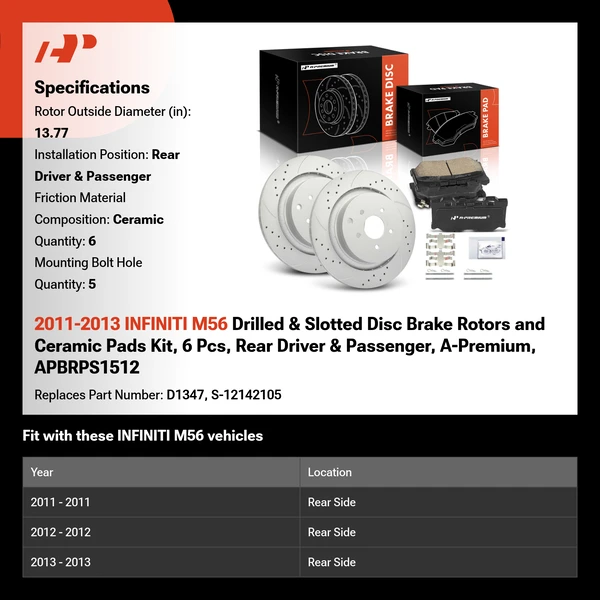 2011-2013 INFINITI M56 Drilled & Slotted Disc Brake Rotors and Ceramic Pads Kit, 6 Pcs, Rear Driver & Passenger, A-Premium, APBRPS1512