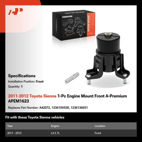 2011-2012 Toyota Sienna 1-Pc Engine Mount Front A-Premium APEM1623