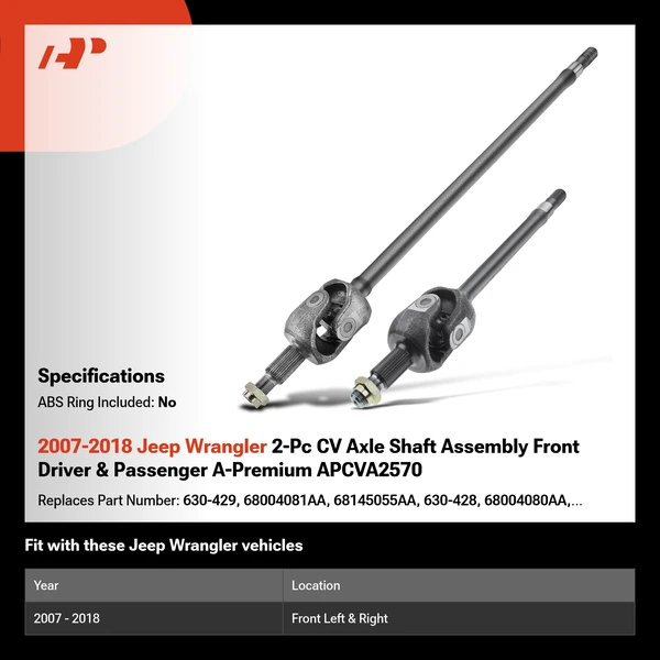 2007-2018 Jeep Wrangler 2-Pc CV Axle Shaft Assembly Front Driver & Passenger A-Premium APCVA2570