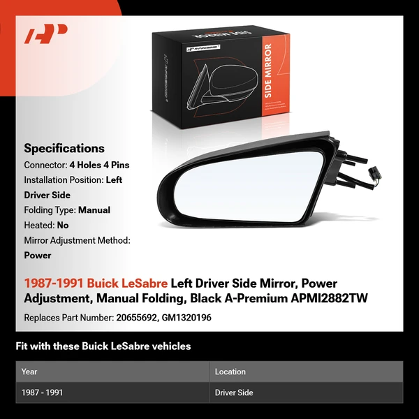 1987-1991 Buick LeSabre Left Driver Side Mirror, Power Adjustment, Manual Folding, Black A-Premium APMI2882TW