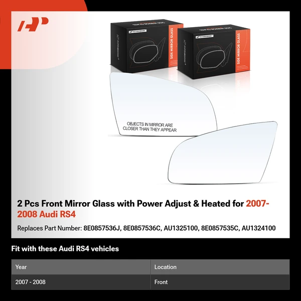 2 Pcs Front Mirror Glass with Power Adjust & Heated for 2007-2008 Audi RS4