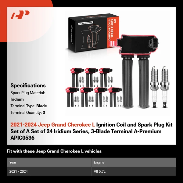 2021-2024 Jeep Grand Cherokee L Ignition Coil and Spark Plug Kit Set of 24 Iridium Series, 3-Blade Terminal A-Premium APIC0536