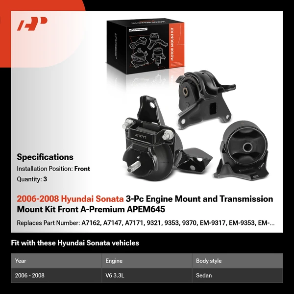 2006-2008 Hyundai Sonata 3-Pc Engine Mount and Transmission Mount Kit Front A-Premium APEM645