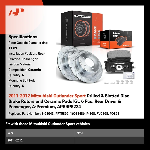 2011-2012 Mitsubishi Outlander Sport Drilled & Slotted Disc Brake Rotors and Ceramic Pads Kit, 6 Pcs, Rear Driver & Passenger, A-Premium, APBRPS224