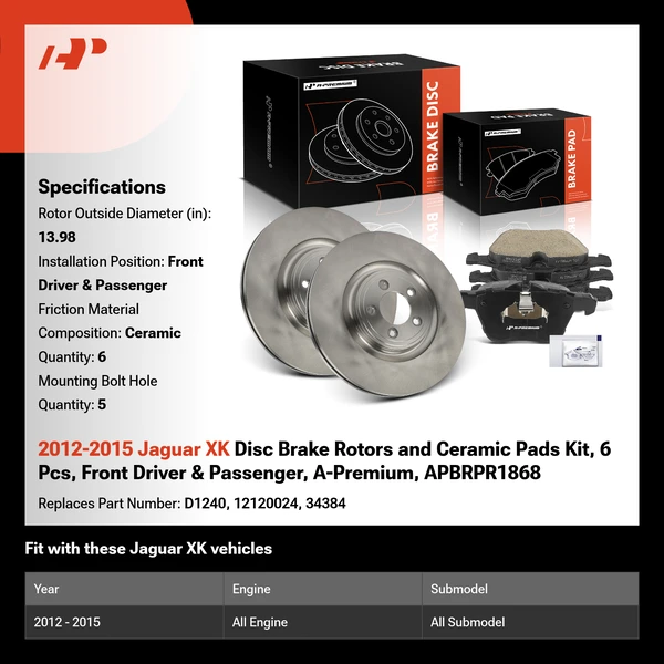 2012-2015 Jaguar XK Disc Brake Rotors and Ceramic Pads Kit, 6 Pcs, Front Driver & Passenger, A-Premium, APBRPR1868