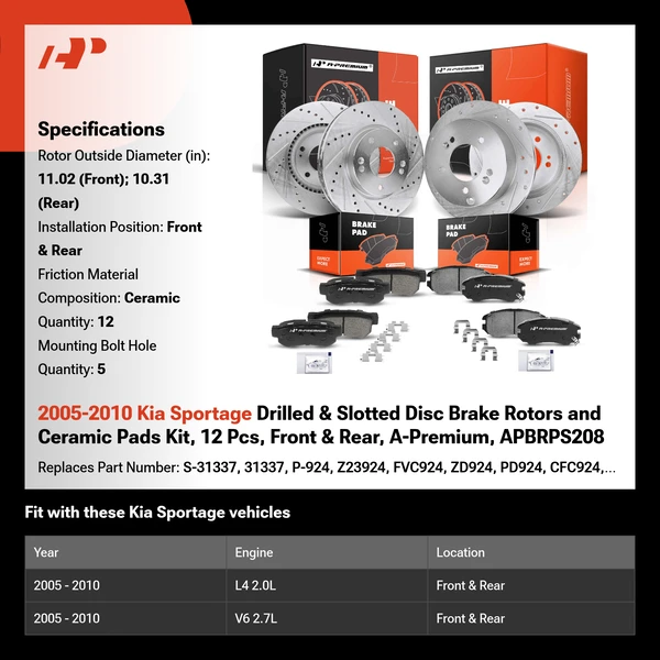 2005-2010 Kia Sportage Drilled & Slotted Disc Brake Rotors and Ceramic Pads Kit, 12 Pcs, Front & Rear, A-Premium, APBRPS208