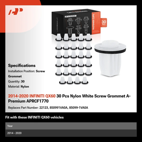 2014-2020 INFINITI QX60 30 Pcs Nylon White Screw Grommet A-Premium APRCF1770