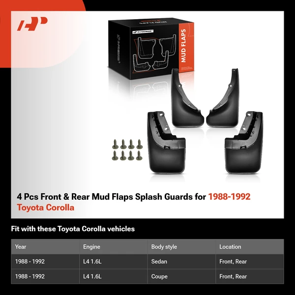 4 Pcs Front & Rear Mud Flaps Splash Guards for 1988-1992 Toyota Corolla