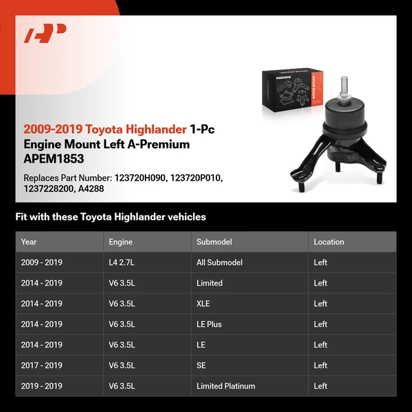 2009-2019 Toyota Highlander 1-Pc Engine Mount Left A-Premium APEM1853