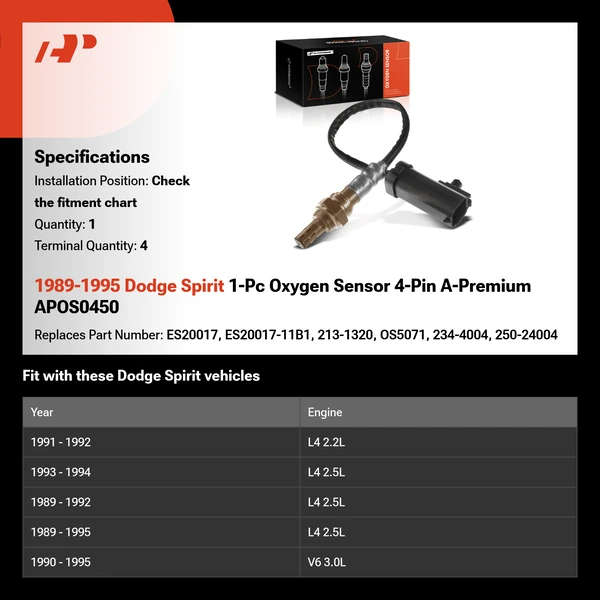 1989-1995 Dodge Spirit 1-Pc Oxygen Sensor 4-Pin A-Premium APOS0450
