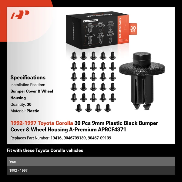 1992-1997 Toyota Corolla 30 Pcs 9mm Plastic Black Bumper Cover & Wheel Housing A-Premium APRCF4371