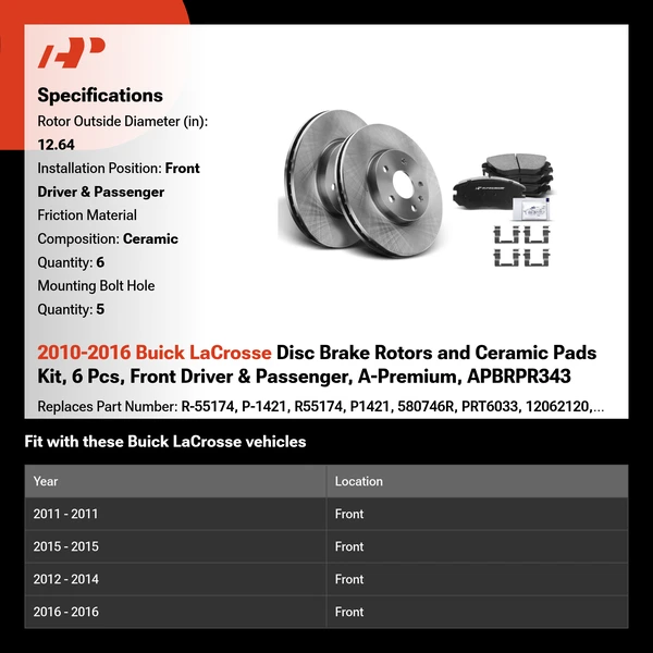 2010-2016 Buick LaCrosse Disc Brake Rotors and Ceramic Pads Kit, 6 Pcs, Front Driver & Passenger, A-Premium, APBRPR343