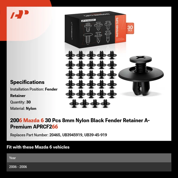 2006 Mazda 6 30 Pcs 8mm Nylon Black Fender Retainer A-Premium APRCF266