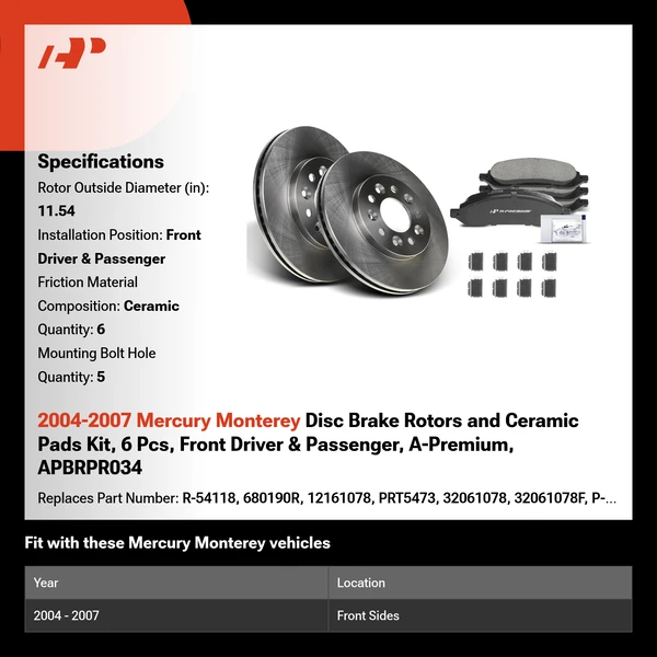 2004-2007 Mercury Monterey Disc Brake Rotors and Ceramic Pads Kit, 6 Pcs, Front Driver & Passenger, A-Premium, APBRPR034