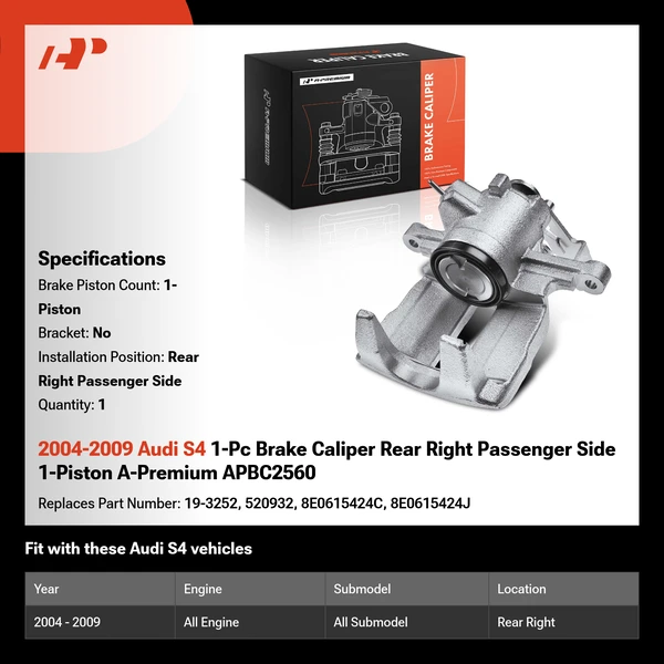 2004-2009 Audi S4 1-Pc Brake Caliper Rear Right Passenger Side 1-Piston A-Premium APBC2560