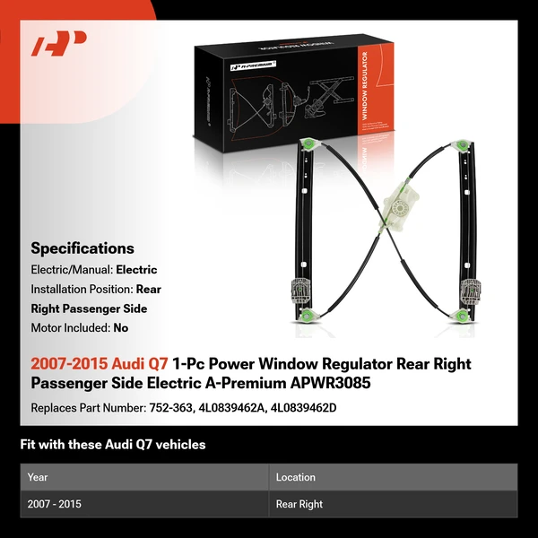 2007-2015 Audi Q7 1-Pc Power Window Regulator Rear Right Passenger Side Electric A-Premium APWR3085