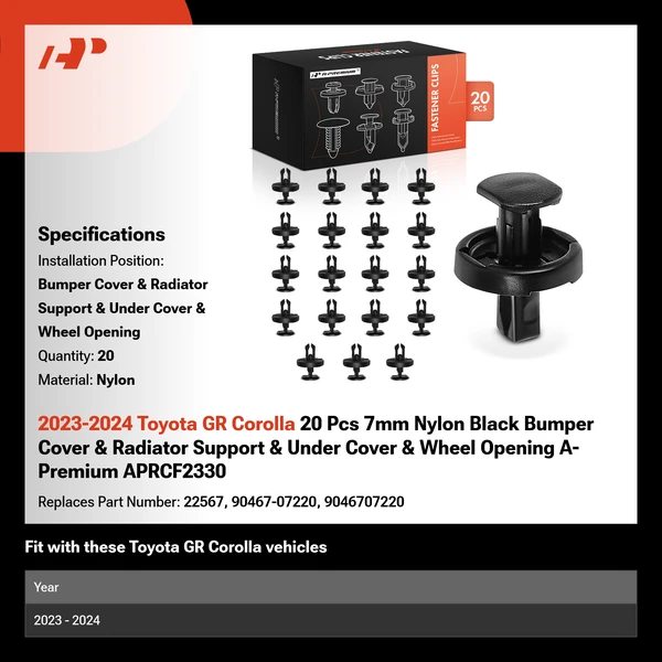 2023-2024 Toyota GR Corolla 20 Pcs 7mm Nylon Black Bumper Cover & Radiator Support & Under Cover & Wheel Opening A-Premium APRCF2330