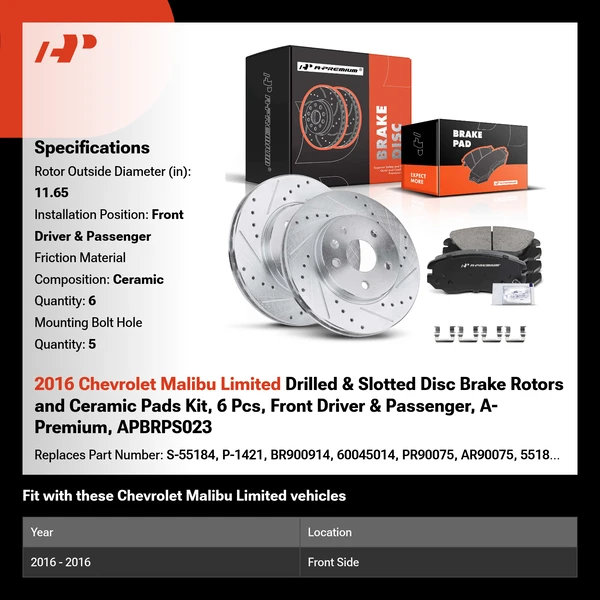 2016 Chevrolet Malibu Limited Drilled & Slotted Disc Brake Rotors and Ceramic Pads Kit, 6 Pcs, Front Driver & Passenger, A-Premium, APBRPS023