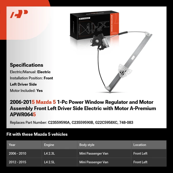 2006-2015 Mazda 5 1-Pc Power Window Regulator and Motor Assembly Front Left Driver Side Electric with Motor A-Premium APWR0645
