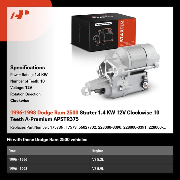 1996-1998 Dodge Ram 2500 Starter 1.4 KW 12V Clockwise 10 Teeth A-Premium APSTR375
