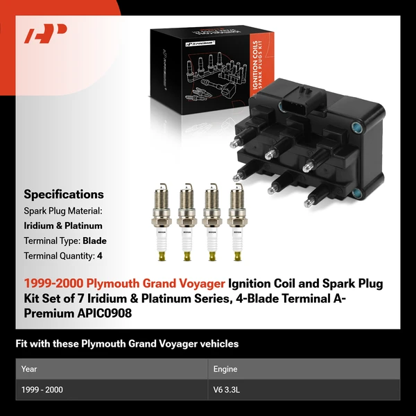 1999-2000 Plymouth Grand Voyager Ignition Coil and Spark Plug Kit Set of 7 Iridium & Platinum Series, 4-Blade Terminal A-Premium APIC0908