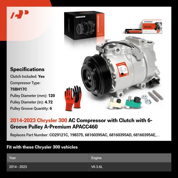 2014-2023 Chrysler 300 AC Compressor with Clutch with 6-Groove Pulley A-Premium APACC460