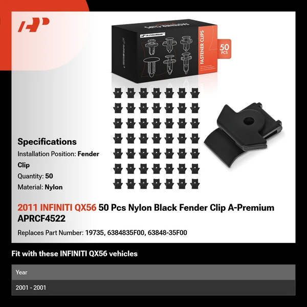 2011 INFINITI QX56 50 Pcs Nylon Black Fender Clip A-Premium APRCF4522