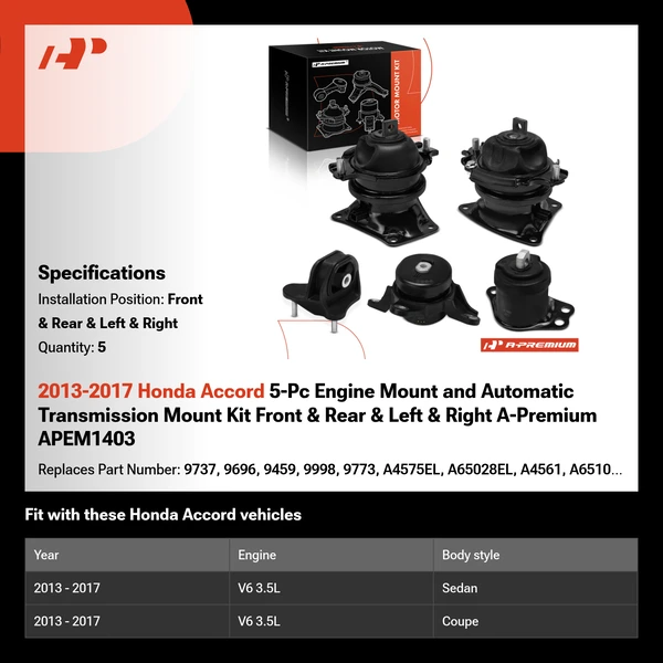 2013-2017 Honda Accord 5-Pc Engine Mount and Automatic Transmission Mount Kit Front & Rear & Left & Right A-Premium APEM1403